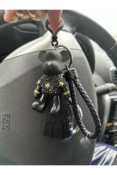 Vtk Teddy bear keychain with rhinestones for car key or bag - black