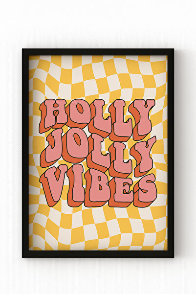 MIOVI Çerçeveli Retro Poster – Holly Jolly Vibes Yazılı Renkli Tablo, Dekorat...