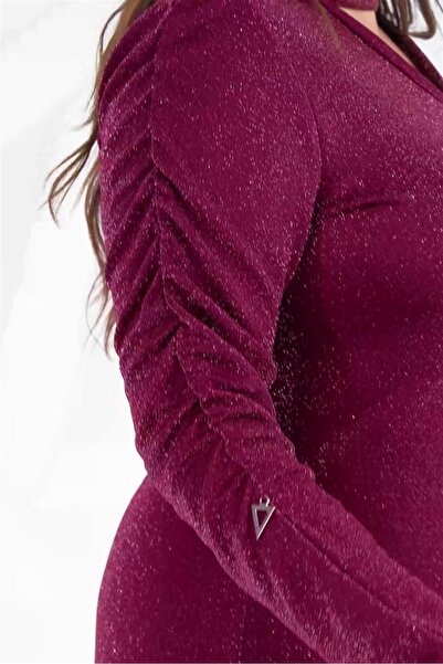 Roxxlen 122359 Γυναικείο φόρεμα με λεπτομέρεια με λάμψη σε μεγάλο μέγεθος - Ασημί μούρι