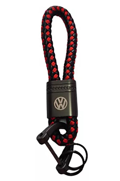 Volkswagen Breloc metalic cu piele neagră și detalii împletite roșii și logo VW