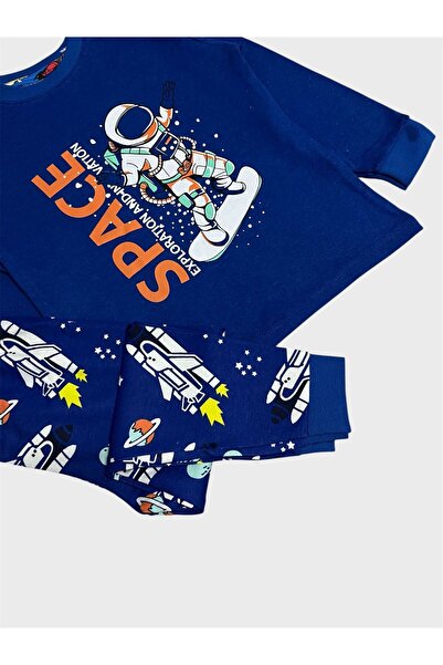 elmas kids Boys' 100% Cotton Cobalt Blue Astronaut Patterned Long Sleeve Pajama Set
