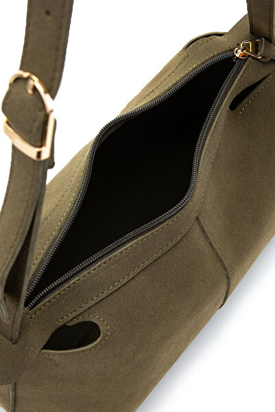 minebag Baguette Shape Suede Talia Women's Shoulder Bag Khaki with Belt Strap Detail