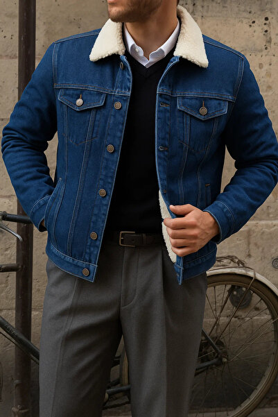 comstar Ανδρικό χειμερινό παλτό βασικής τάσης με βελούδινη επένδυση από γούνα μπλε χρώματος