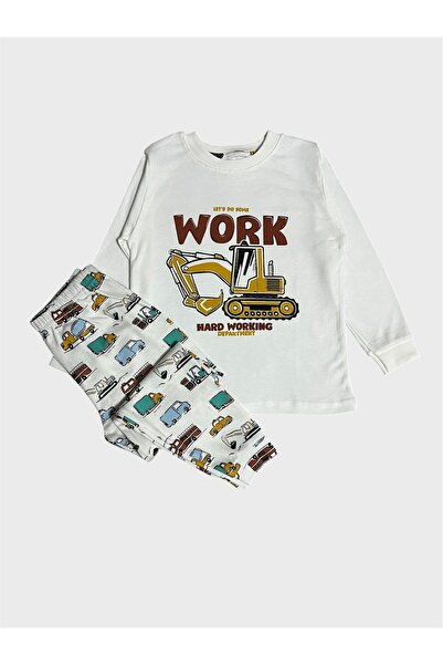 elmas kids Boys' 100% Cotton White Construction Vehicle Truck Car Pattern Long Sleeve Pajama Set