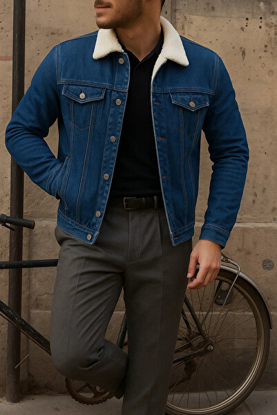 comstar Ανδρικό χειμερινό παλτό βασικής τάσης με βελούδινη επένδυση από γούνα μπλε χρώματος