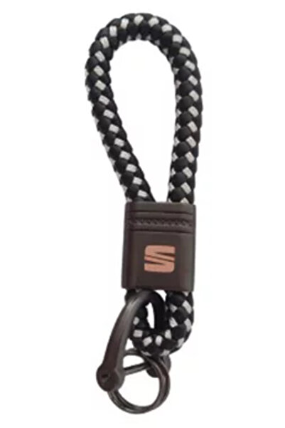 Seat Metal keychain with braided black-white leather and logo