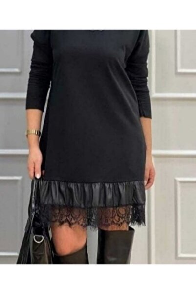 babatr.com Women's Long Sleeve Crew Neck Hem Leather Lace Viscose Two Thread Midi Dress