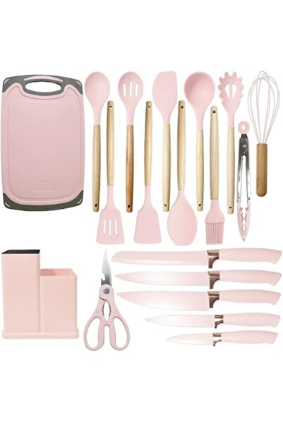 stuffix 19-piece Kitchen Utensil Set - Wood & Food-Grade Silicone, Heat Resistant, Pink