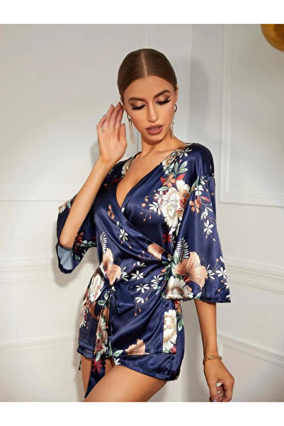 Aria's Closet Arias Closet Floral Patterned Blue Mini Satin Nightgown Dressing Gown