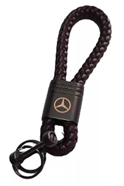 MERCEDES Metal keychain with braided brown leather and logo
