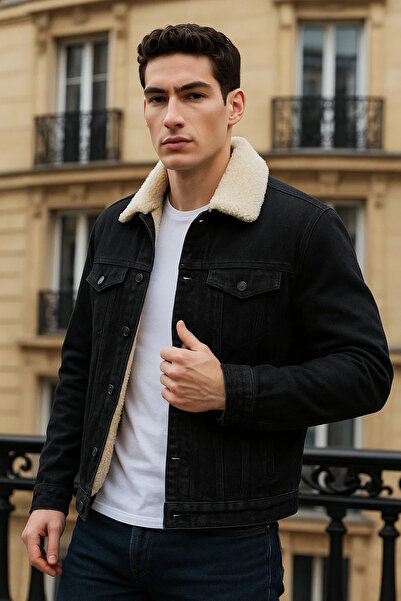 comstar Men's Winter Casual Plush Fur Inside Black Denim Jacket