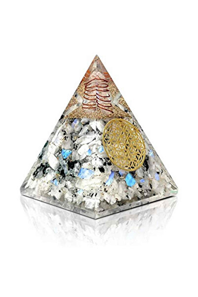 craftmystic Piramidă organică cu piatră lunii curcubeu și simbolul florii vie...