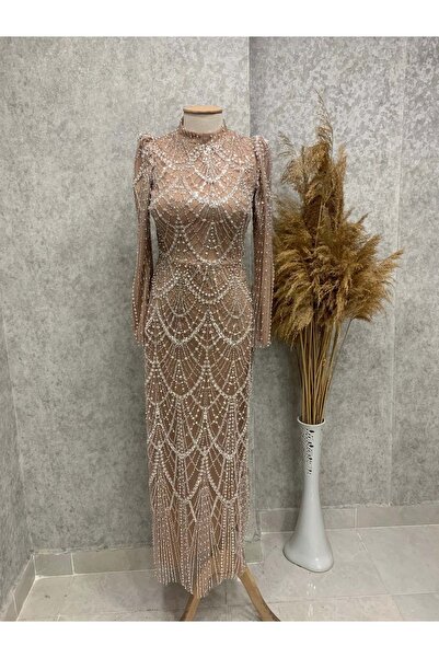 Hennin 25Y5105 ELBİSE ABİYE KOMPLE TAŞLI KALEM ETEK CAMEL