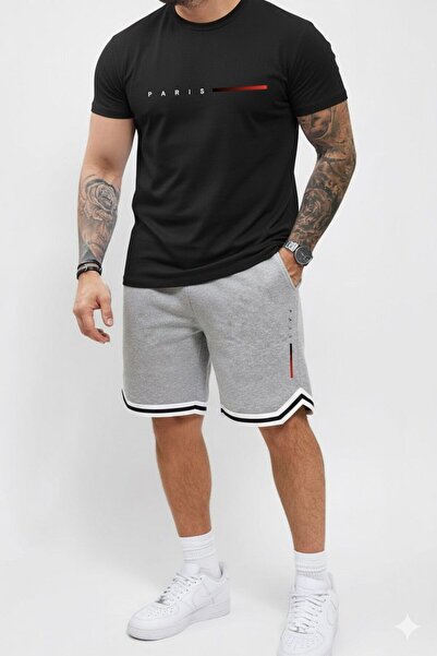 NO 601 Men's Black Paris Printed Slim Fit Oval Tshirt Grimelange Extraforlu Shorts Set