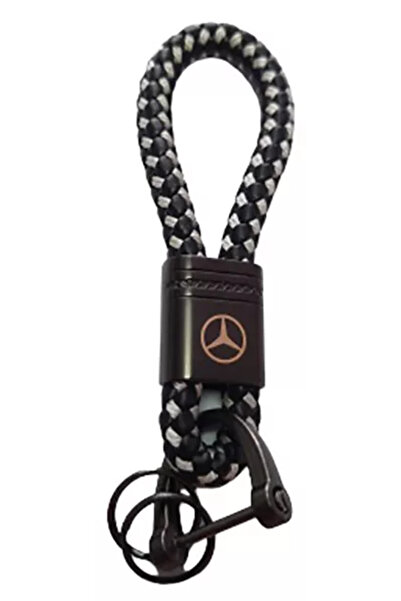 MERCEDES Metal keychain with black leather, white braided detail and logo