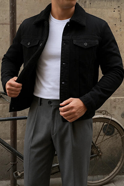 comstar Men's Winter Trend Basic Black Fur Lined Plush Coat