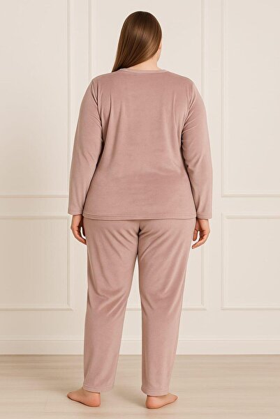 Pemilo Women's Plus Size 13213 Long Sleeve Velvet Pajama Set Powder