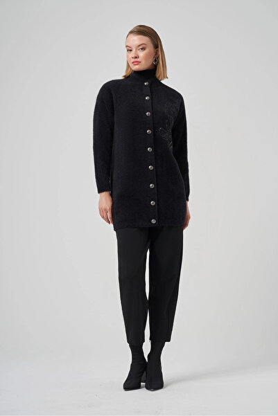 Nuss 7007 Yan Nakış İşlemeli Hırka - Siyah