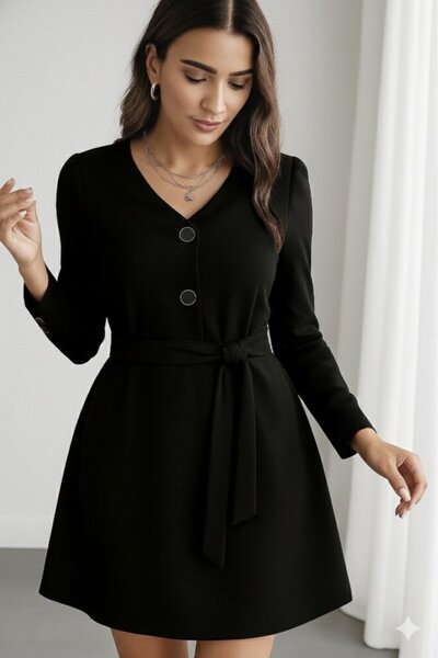 buğrahayalin    Women's Long Sleeve Button Detail Self Belt Imported Crepe Dress