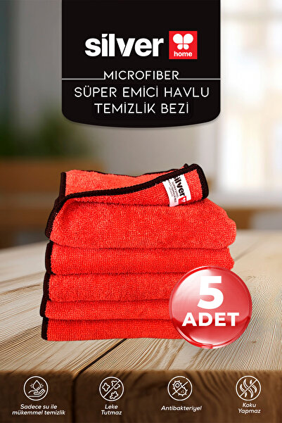 SİLVER HOME Mikrofiber Süper Emici 5'li Havlu Temizlik Bezi-Kırmızı