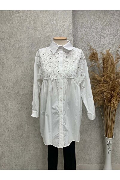 Aynaz 25Y170185 GÖMLEK TUNİK DANTEL İŞLEMELİ VE TAŞ DETAYLI BEYAZ