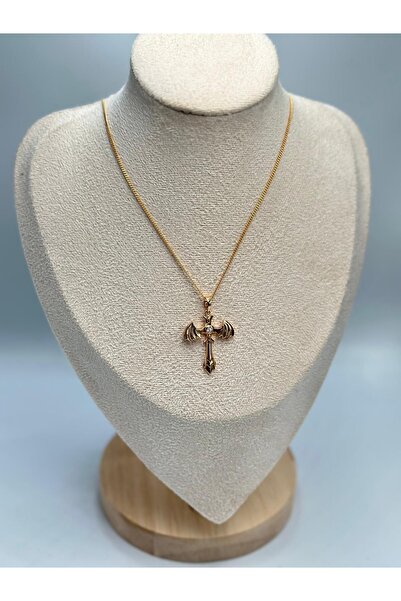MyladyAccessoriess Tek Taş Ve Kanat Detaylı Haç Kolye (Çelik)