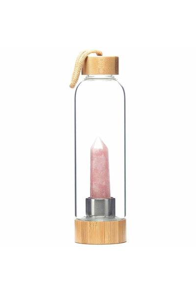craftmystic Sticlă de apă cu tijă din cristal de cuarț roz și bambus - Capaci...