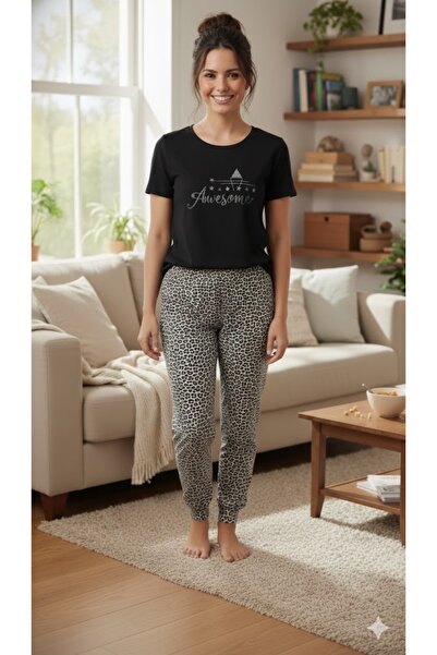 FAMES PİJAMA Women's Black Leopard Printed Pajama Set