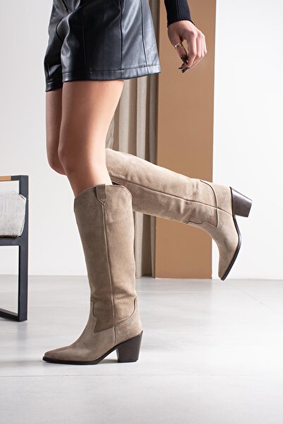 FSKOMBİN Hermoso Mink Suede Genuine Leather Women's Western Heeled Boots