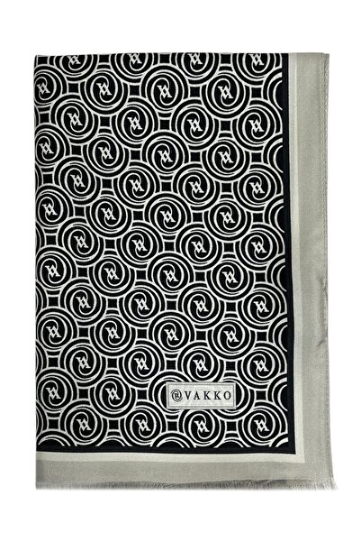 Vakko Twill İpek Şal - Yeni Monogram - Siyah Ekru