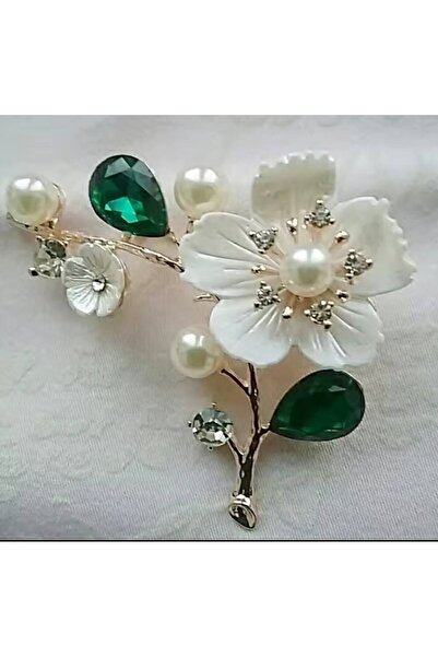 ESJ Yeşil Kristal Taş Erik Dalı Çiçek Kadın Broş Ebat: 6,5*5,5 Cm