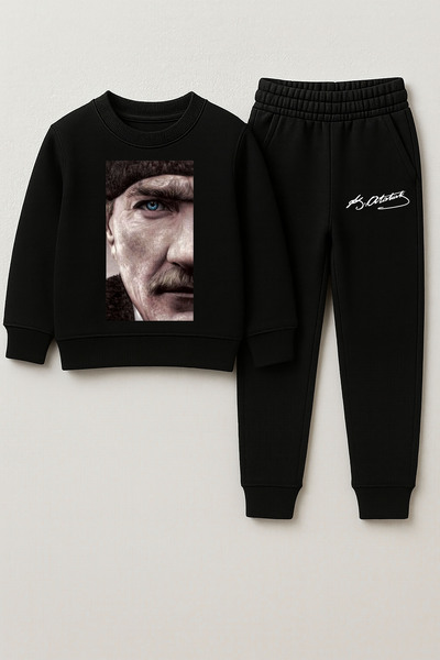 MODA Set de trening negru cu imprimeu Mustafa Kemal Atatürk pentru copii, guler rotund