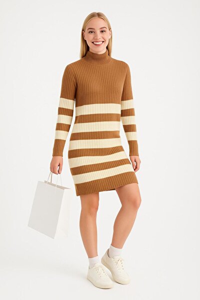 Sfg Life Moda Women's Mock Neck and Boydan Corded Fabric Knitwear Tunic-Dress