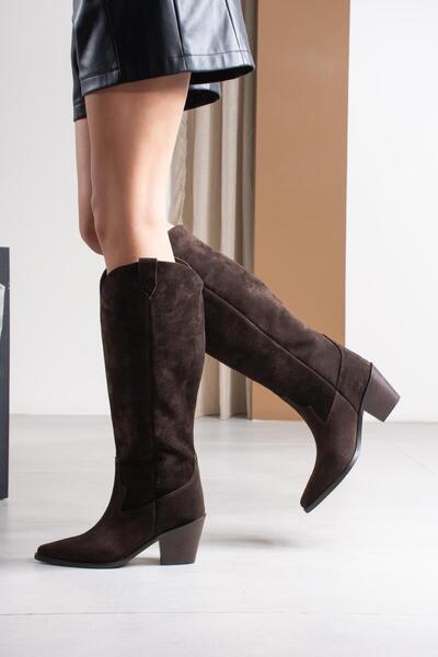 FSKOMBİN Hermoso Brown Genuine Suede Leather Women's Western Heeled Boots