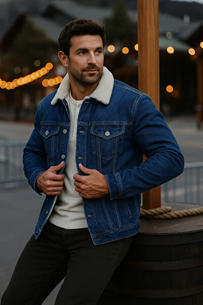 comstar Men's Winter Thick Casual Fur Lined Dark Blue Denim Jacket