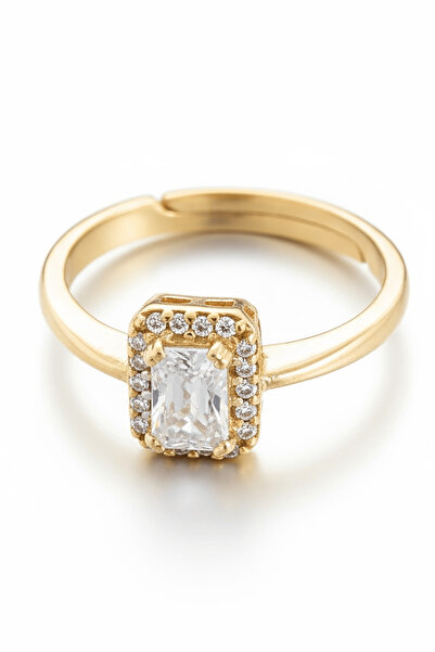TAKIŞTIR Gold Color Single Stone Detailed Adjustable Baguette Ring