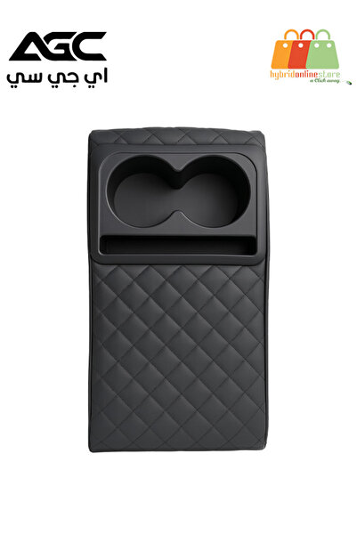 AGC Universal Car Armrest Cushion with Dual Cup Holder & Storage Slot – Black PU Leather Cover