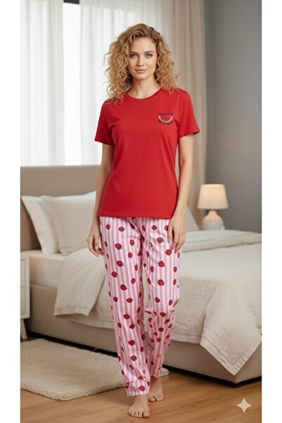 FAMES PİJAMA Women's Red Strawberry Printed Pajama Set