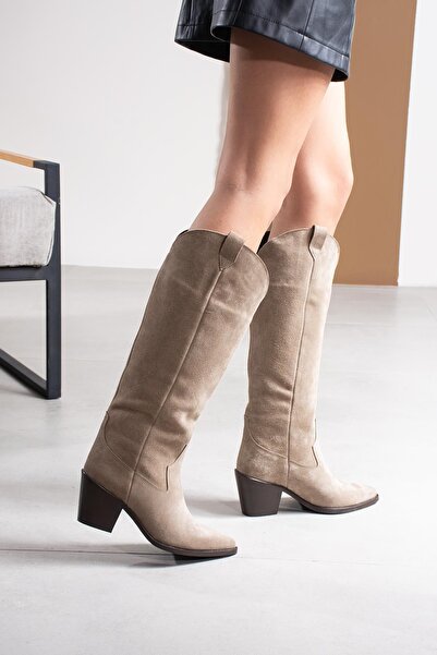 FSKOMBİN Hermoso Mink Suede Genuine Leather Women's Western Heeled Boots