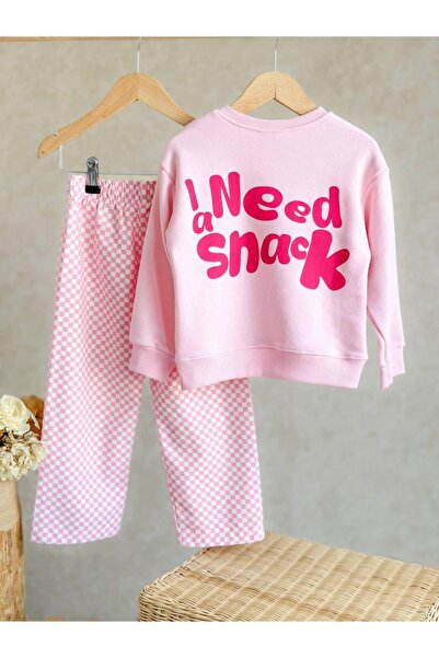 Pinkitokids I Need Snack Sweatshirt and Denim Woven Pants Set