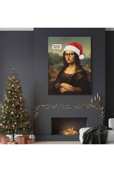 hollywest Mona Lisa Yeni Yıl Şapkası Komik Reprodüksiyon Kanvas Tablo | Pop Art Yılbaşı Duvar Dekoru