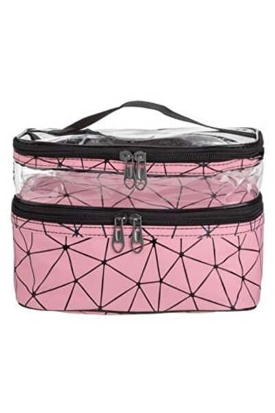 Silver Star Makeup case with 2 compartments, pink with black patterns 15 x 15...