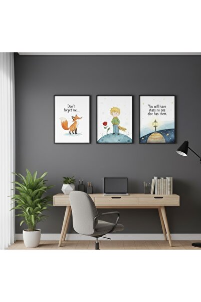hollywest 3lü Çocuk Odası İçin Çerçeveli Tablo Seti, Küçük Prens Temalı Çocuk Genç Odası Duvar Dekoru