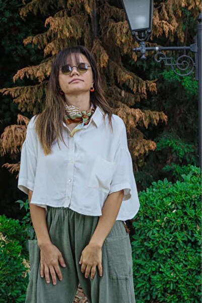 Oiki Krem Renk Oversize Geniş Kalıp Fakir Kol Cepli Dokuma Gömlek