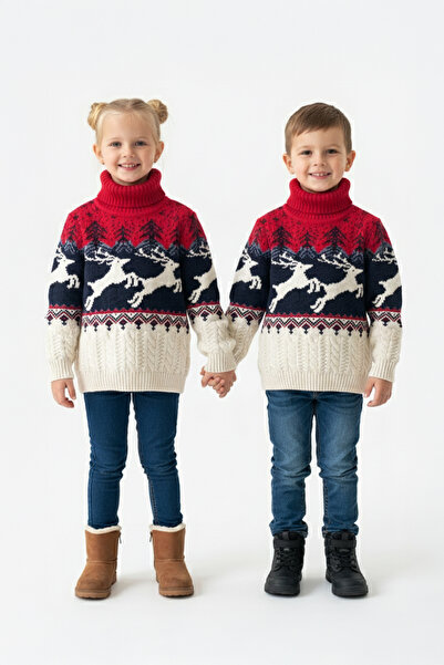 Pulltonic Kız/erkek Çocuk Balıkçı Yaka Geyik Desenli Kazak