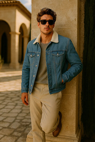 comstar Men's Winter Premium Casual Fur Lined A.Blue Denim Jacket