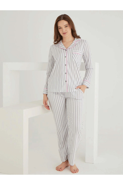 LİNOTTİ Cotton Front Buttoned Striped Shirt Model Pajama Set 021210