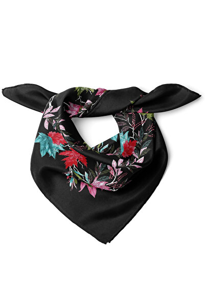 nehir eşarp Siyah Zemin Çiçek Desen Fular Bandana 50x50 Cm