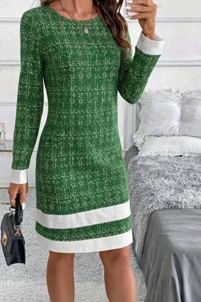 Mossta Round Neck Striped Detail Mini Woven Dress - Green
