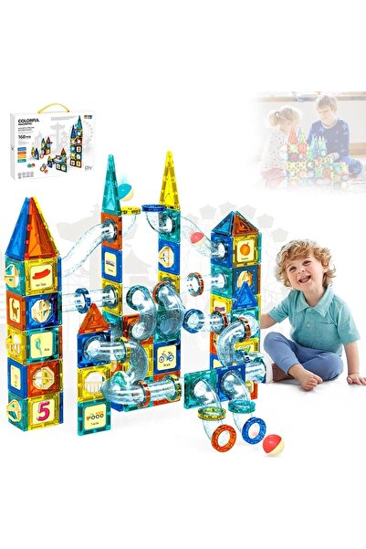 lil munchkins 168 Pcs Magnetic Pipeline Building Set, 3D Magnetic Tiles for Kids (Ice)